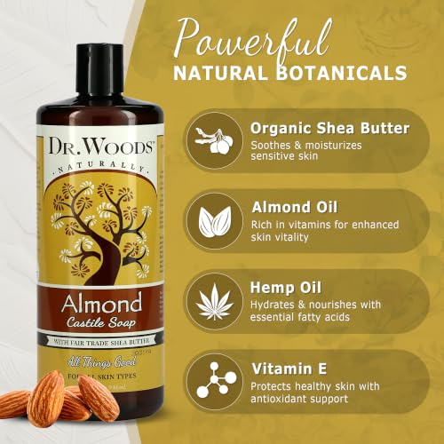 Dr. Woods Almond Liquid Castile Soap - Natural Moisturizing Body & Hand Wash, 3 Pack, 32 Fl Oz