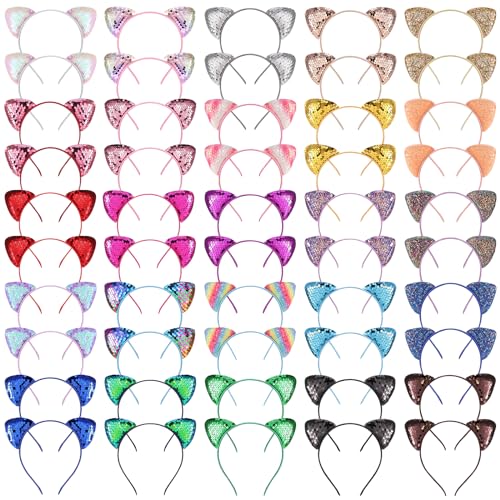 Sequined Glitter Kitty Headbands for Girls and Adults - 50 Pack in 25 Colors