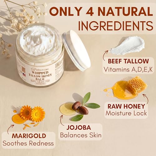 Whipped Beef Tallow and Honey Face Balm - Unscented, 4oz for Sensitive Skin