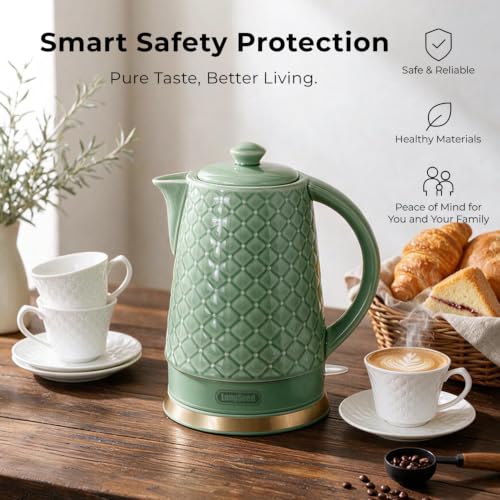 1.5L Ceramic Electric Kettle - Green Embossed Relief Design, Fast Boil, Auto Shut-Off