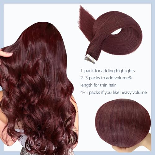 16 Inch Burgundy Tape-In Hair Extensions - Red Straight Human Hair, Seamless & Invisible - 10 Pcs, 45g Variation of TP-Burgundy-99J