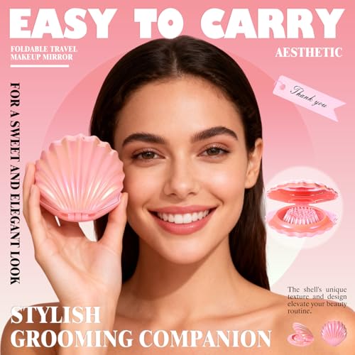Pink Shell Shape Foldable Travel Makeup & Hair Mirror Set - 12 Pcs Gift Set