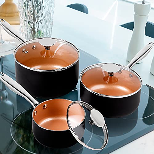Michelangelo 3-Piece Nonstick Saucepan Set with Lids, 1 Qt, 2 Qt & 3 Qt Copper Coated Ceramic Pans