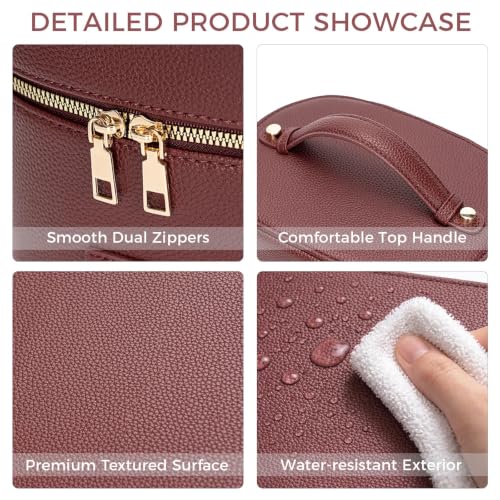 BAGOK Burgundy Leather Travel Makeup Organizer Bag with Removable Divider