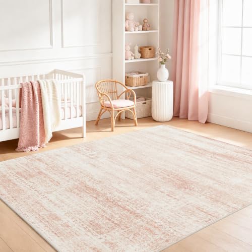 Pink Washable Area Rug 8x10 for Living Room & Bedroom - Non-Slip, Recycled Material, Pink-White Variation