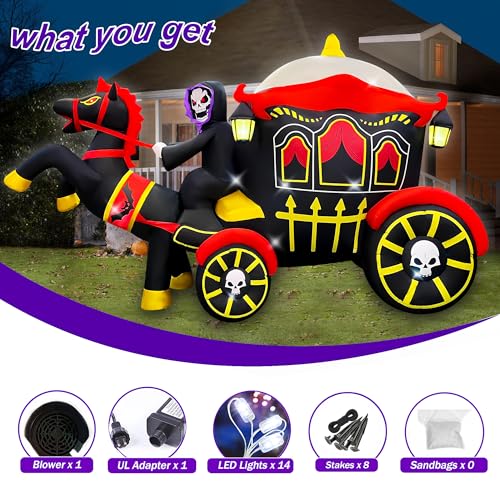 SEASONBLOW 10ft Halloween Inflatable Horse Carriage Yard Decor with LED Lights