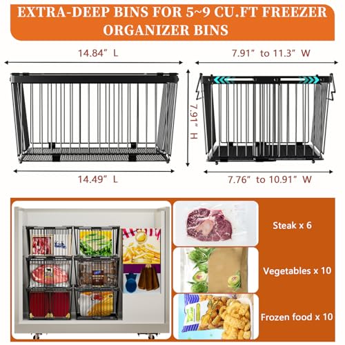 Large Freezer Organizer Bins for 5-9 Cu.Ft - Leak-Proof Bottom, Black 4Pack