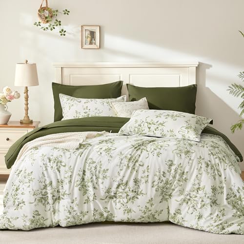 Floral Queen Comforter Set 7 Pieces Green Rose Bedding - Soft & Durable