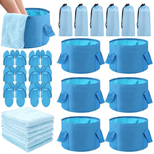Foldable Foot Bath Kit with Towels & Slippers - Sky Blue 6-Piece Set