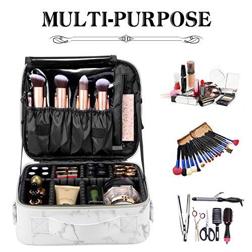 Oewoer Marble White Travel Makeup Bag 10.4in Organizer Case with Adjustable Dividers & Shoulder Strap