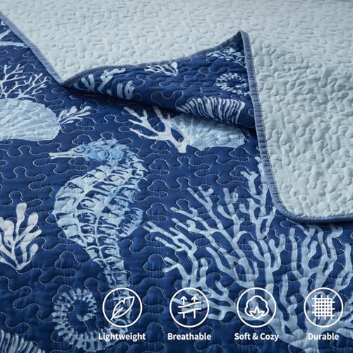 LEAONME Coastal California King Quilt Set Navy Reversible Microfiber Bedspread