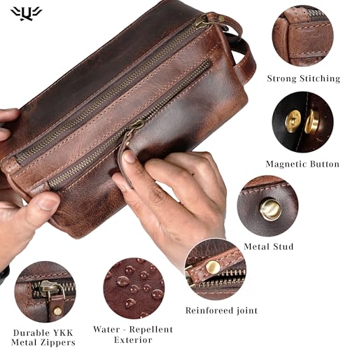 Large Dark Brown Handmade Leather Toiletry Bag for Men & Women - Travel Organizer & Dopp Kit
