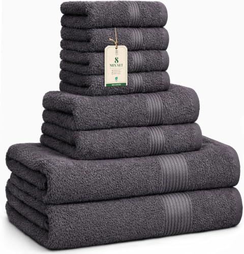 HomeBurg Dark Grey Cotton Towel Set - 8-Piece Absorbent Bath & Hand Towels with Washcloths