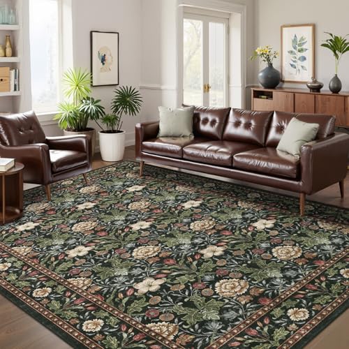 GarveeHome Forest Green Floral Area Rug 9x12 for Living Room & Bedroom, Washable Non-Slip Floor Mat