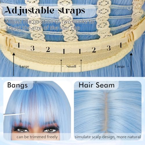 Light Blue Synthetic Wig with Bangs, Long Straight Layered 26 Inches - Cosplay & Formal