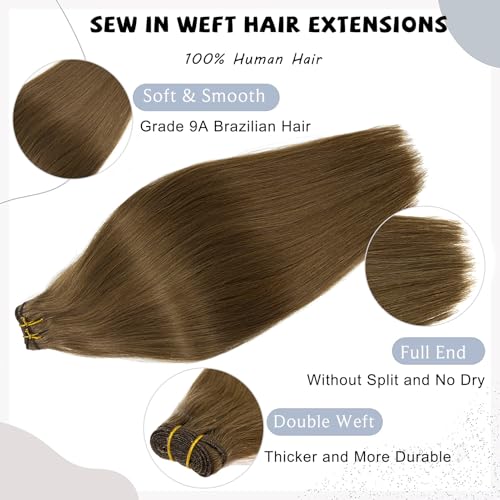 Ash Brown Sew-In Human Hair Extensions 12 Inch Wefts for Women - Light Brown Remy Hair Bundle - Variation #8