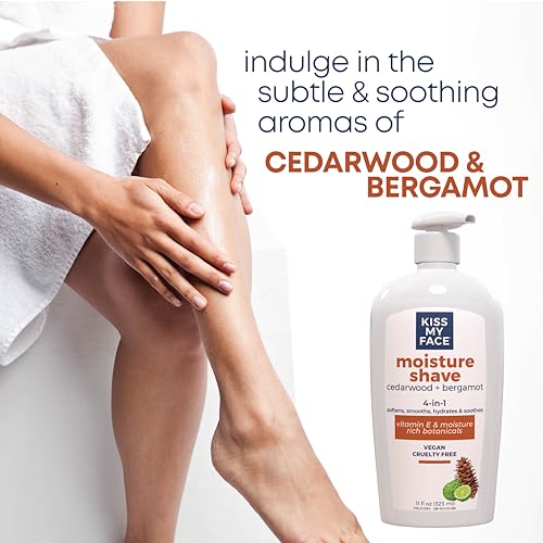 Kiss My Face Cedarwood + Bergamot Moisture Shave - 4 In 1 Shaving Cream - Cruelty Free and Vegan - With added Olive Oil and Aloe Leaf Extract - Vitamin E Rich - 11 fl oz Pump Bottle (Pack of 2)