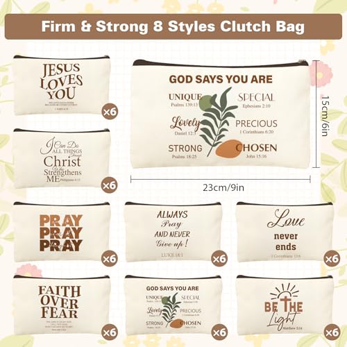 48 Pcs Christian Cosmetic Bags Bulk for Women Bible Verse Makeup Bags Christian Gifts Inspirational Canvas Pouches with Zipper for Cosmetics Journaling Motivational Supplies