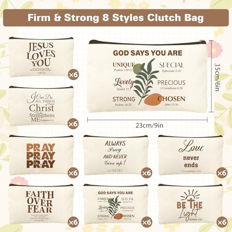 48 Pcs Christian Cosmetic Bags Bulk for Women Bible Verse Makeup Bags Christian Gifts Inspirational Canvas Pouches with Zipper for Cosmetics Journaling Motivational Supplies