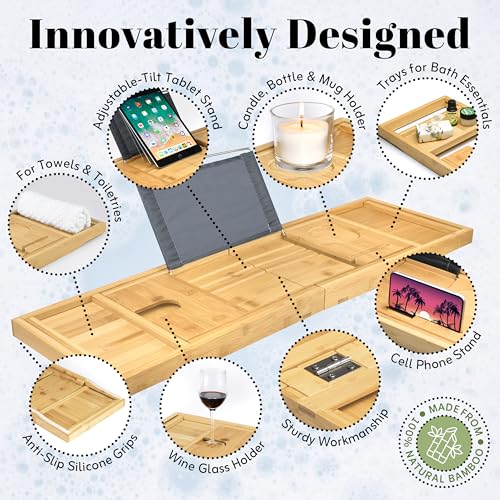 HOME IT Premium Foldable Bathtub Caddy Tray - Adjustable, Waterproof Bamboo