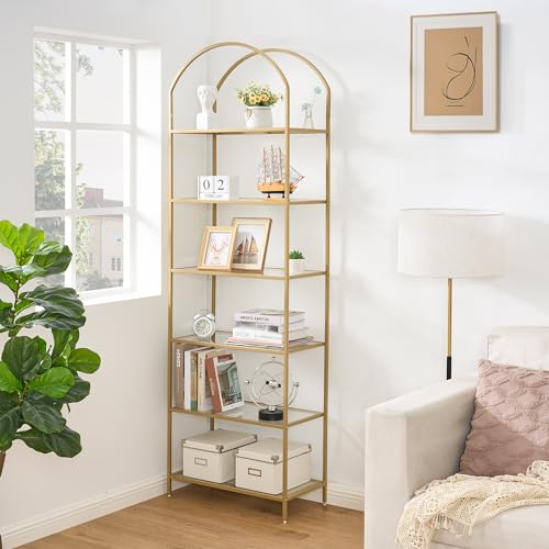 Tall Gold Bookshelf with Glass Shelves - 6 Tiers, Arched Design, 73.6"H