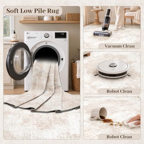 8x10 Beige/Brown Vintage Rug - Washable Large Living Room Floor Carpet with Non-Slip Backing