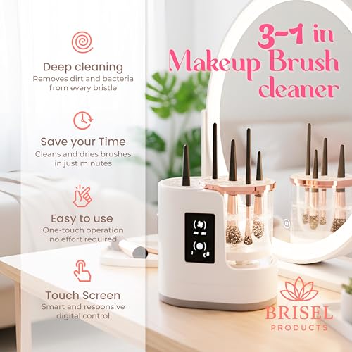 BRISEL 3-in-1 Electric Makeup Brush Cleaner & Dryer, USB Automatic with LED Light, Fast Deep Cleaning & Quick Drying for All Brush Sizes, White & Rose Gold Beauty Tool