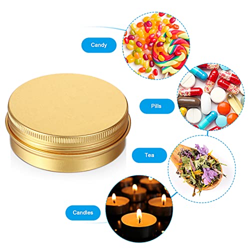 Patelai 2 oz 120 Pcs Metal Round Tins Salve Tins with Screw Lid Metal Jars Aluminum Cans Containers 20 Sheets Stickers for Candle Making Salve Spice Candies Balms(Gold)