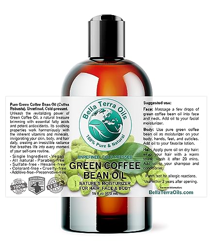 Bella Terra Oils Green Coffee Bean Oil 16 oz Cold-Pressed Skin & Hair Oil, Pure Cosmetic Grade