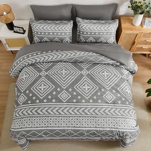 Yiran King Size Boho Aztec Comforter Set - 7 Piece Bed in a Bag, Grey