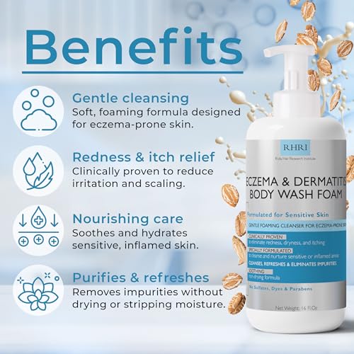 Eczema Body Wash Foam Sensitive Skin - Gentle Foaming Cleanser with Exfoliating Brush