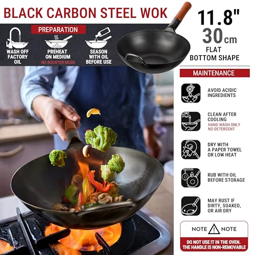 11.8-Inch Pre-Seasoned Carbon Steel Wok for Stir Fry & Outdoor Cooking