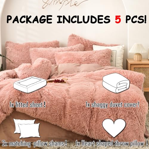 King Shaggy Faux Fur Comforter Cover Set - Blush Pink 5-Piece Luxury Bed Set