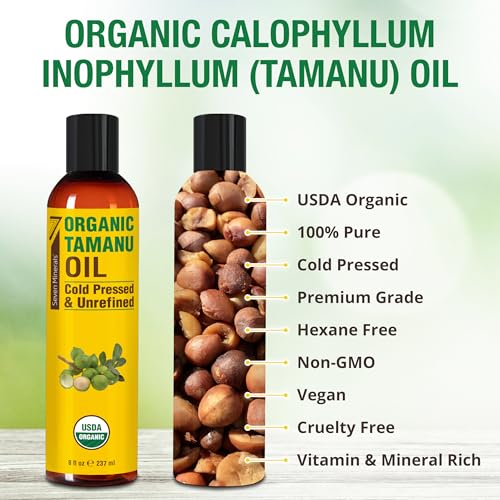 Seven Minerals USDA Organic Tamanu Oil - Big 8oz (240ml) - Cold Pressed & 100% Pure Tamanu Organic for Skin, Face, Hair, & Nails - GMO & Hexane Free Nutrient Dense Carrier Oil that Absorbs Easily