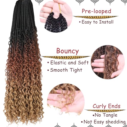 30 Inch Boho Box Braids Hair Set - 8 Packs Synthetic Crochet Hair for Women - Curly Ends, Pre-Looped, Natural Black