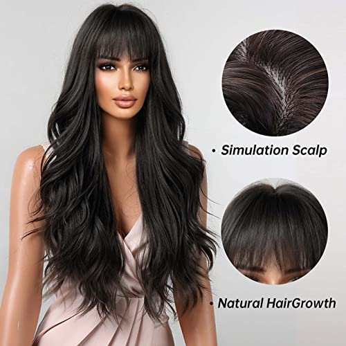 BERON Natural Black Long Wavy Wig with Bangs, Heat‑Resistant Synthetic, 65cm, Adjustable Cap