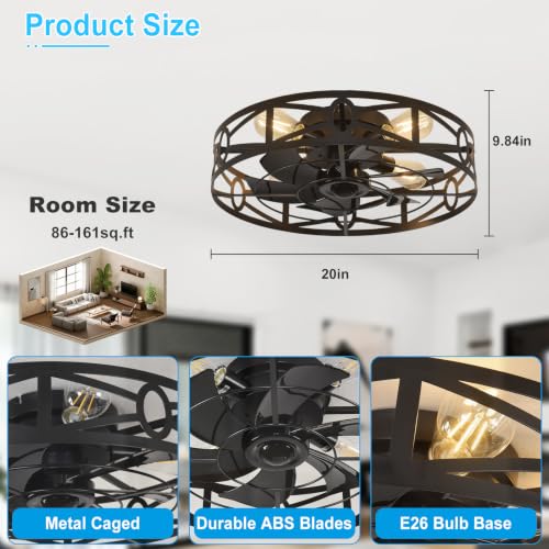 Depuley 20 Inch Black Flush Mount Ceiling Fan with Remote Control and Lights - Reversible 6 Speed Low Profile Indoor/Outdoor Fixture