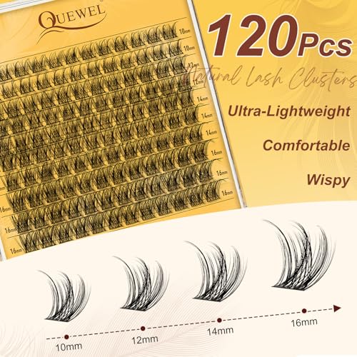 QUEWEL DIY Lash Extension Kit, Wispy Lash Clusters Kit D Curl 10-16mm Lash Clusters Natural Look Super Thin Band Cluster Lashes Kit 120 PCS with Lash Bond and Seal and Lash Tweezers(Feather 01 Kit)
