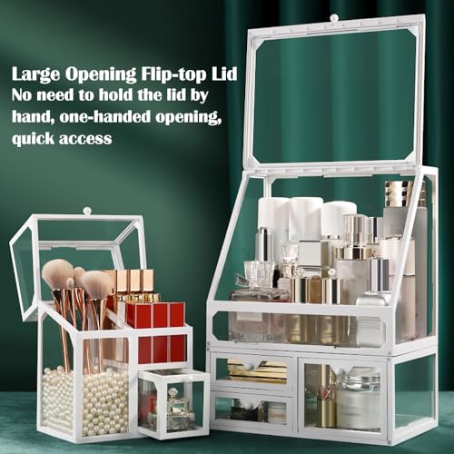 Glass Makeup Organizer Multi-Functional with Pearl Makeup Organizer with Drawers for Bathroom Vanity Organizer Skincare Lipstick Brushes