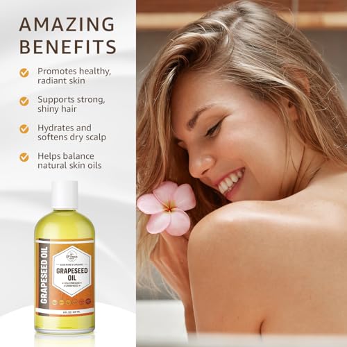 Organic GRAPESEED Oil (8 oz) Cold Pressed Unrefined | 100% Pure Natural, Non-GMO | Available in Bulk | Skin, Hair, Face, Carrier Oils, Soap Making | 8 FL OZ