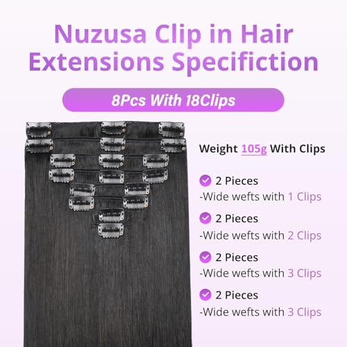 Clip in Hair Extensions Human Hair 20 Inch Natural Black 1B - Easy Styling & Long-Lasting
