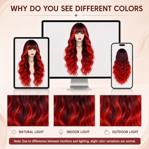 Ombre Red Layered Curly Wavy Wig with Bangs, 26 Inch Long Synthetic Hair - Customizable Bangs