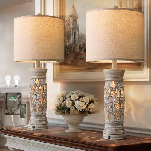 27.25-Inch Farmhouse Table Lamps Set of 2 with Night Light - Rustic Distressed Wood Finish