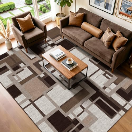 Mocha Brown Geometric Area Rug 6x9 - Washable, Non-Slip Living Room Carpet