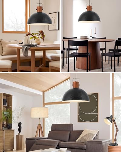 ELYONA Black 16 Inch Ash Wood Pendant Light Fixture Industrial Chandelier