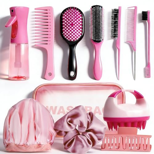 Pink 14-Piece Hair Brush Set with Sleep Bonnet, Detangler & Spray Bottle