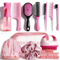 Pink 14-Piece Hair Brush Set with Sleep Bonnet, Detangler & Spray Bottle