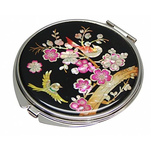 Mother of Pearl Design 2-Sided 2X/1X Magnification Compact Mirror, Pocket Travel Makeup Mirror, Small Metal Portable Handheld Cosmetic Mirror for Purses, Gift for Mom Women (Pink Plum Flower)