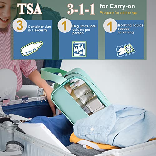 3 Pack/Size Waterproof Travel Toiletry Bag, Clear Cosmetic Makeup Bags PVC and Mint Green PU Splicing, TSA Approved Carry on Pouch, Portable Travel Organizer for Vacation, Bathroom, Airplane