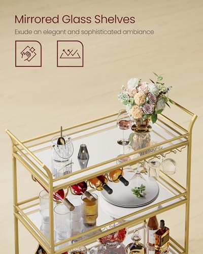 VASAGLE Gold Bar Cart with Mirrored Glass Shelves, 3-Tier Large Serving & Wine Storage